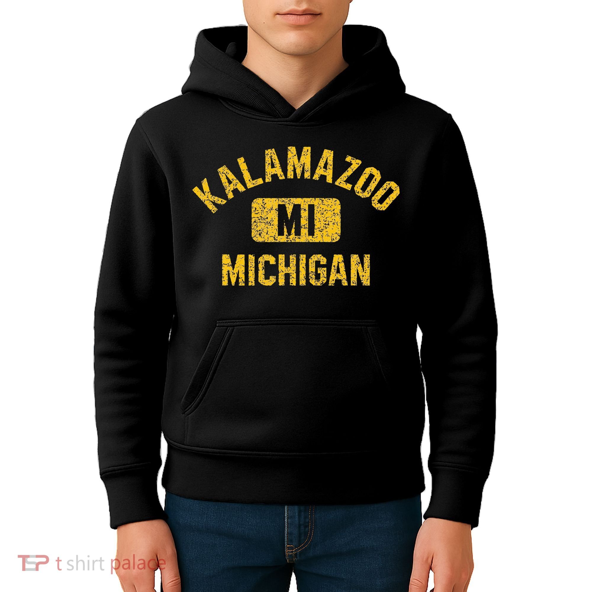 Kalamazoo MI Michigan Gym Style Distressed Amber Print Kids Hoodie