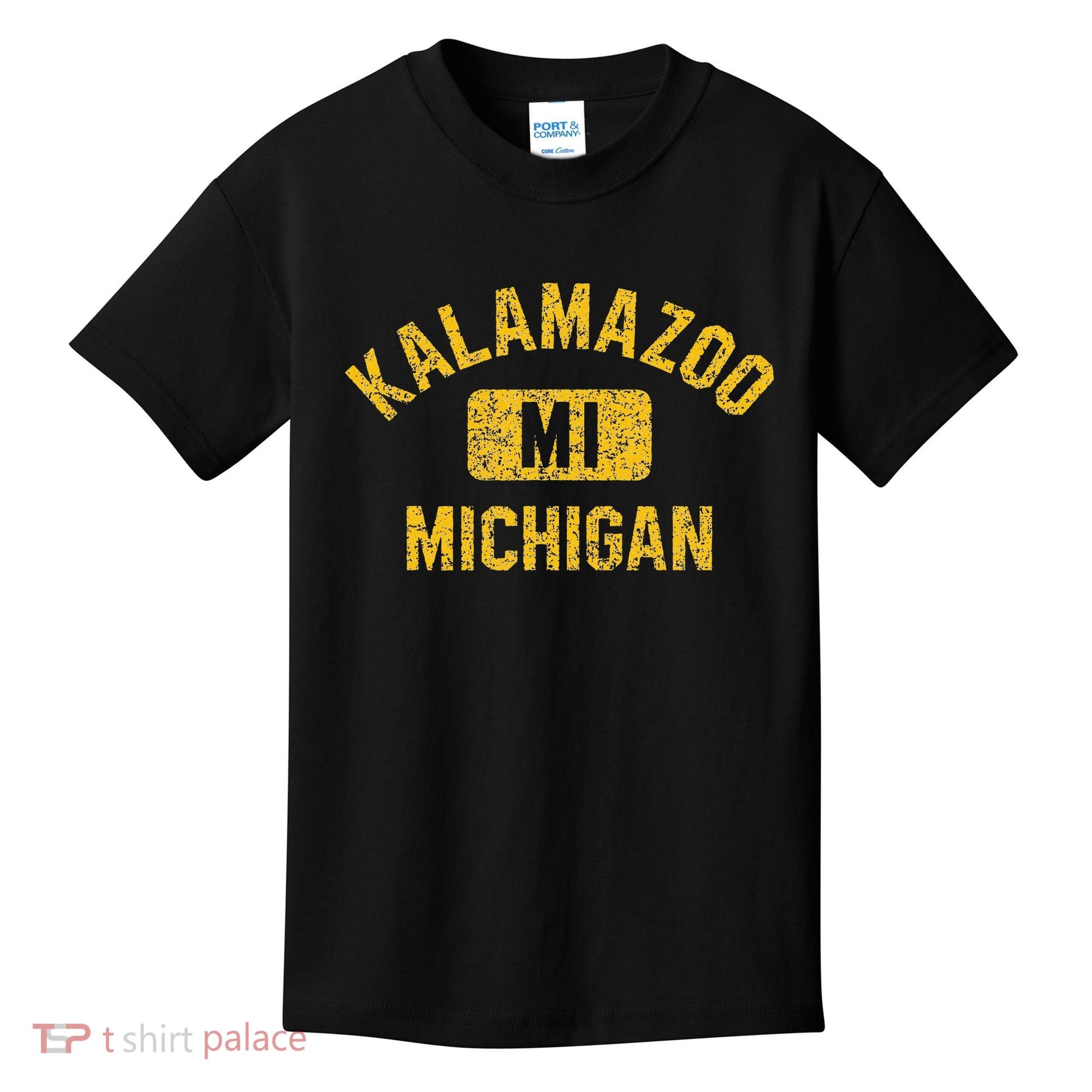 Kalamazoo MI Michigan Gym Style Distressed Amber Print Kids T-Shirt