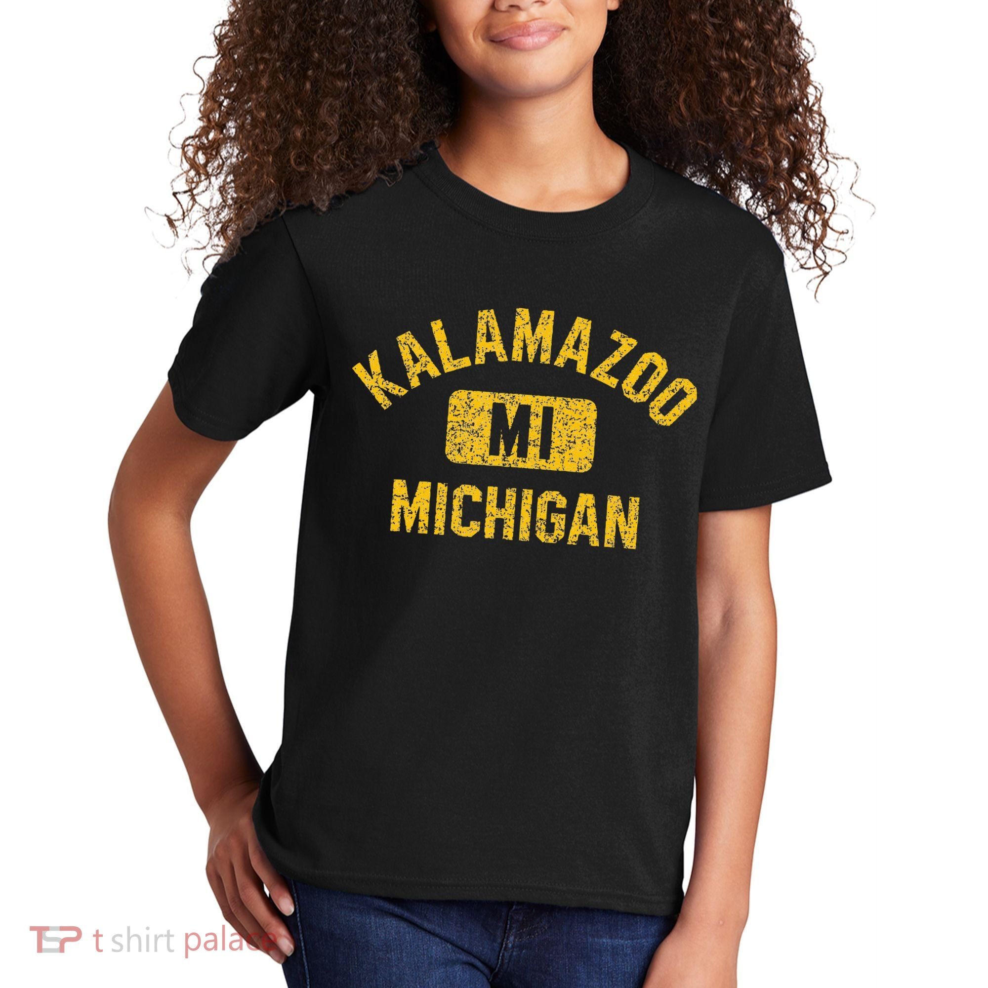 Kalamazoo MI Michigan Gym Style Distressed Amber Print Kids T-Shirt