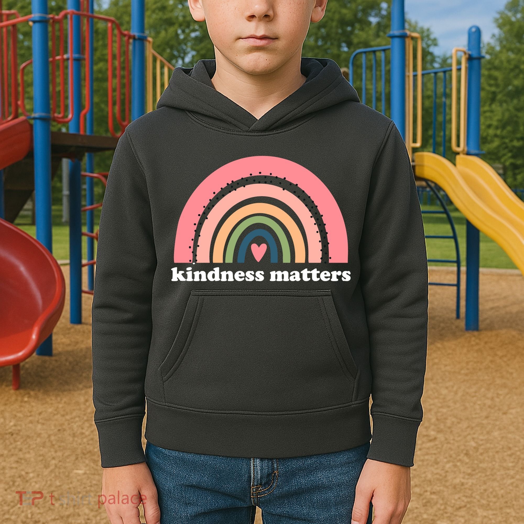 Kindness Matters Rainbow Heart Kids Hoodie