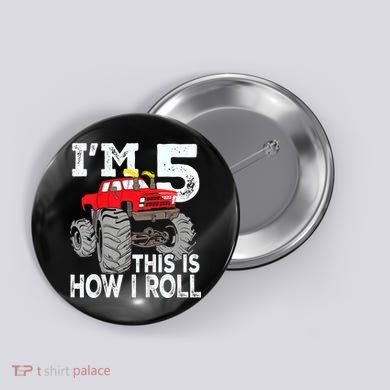 K.i.d.s Monster Trucks 5th Birthday Party Shirt Five Years Button