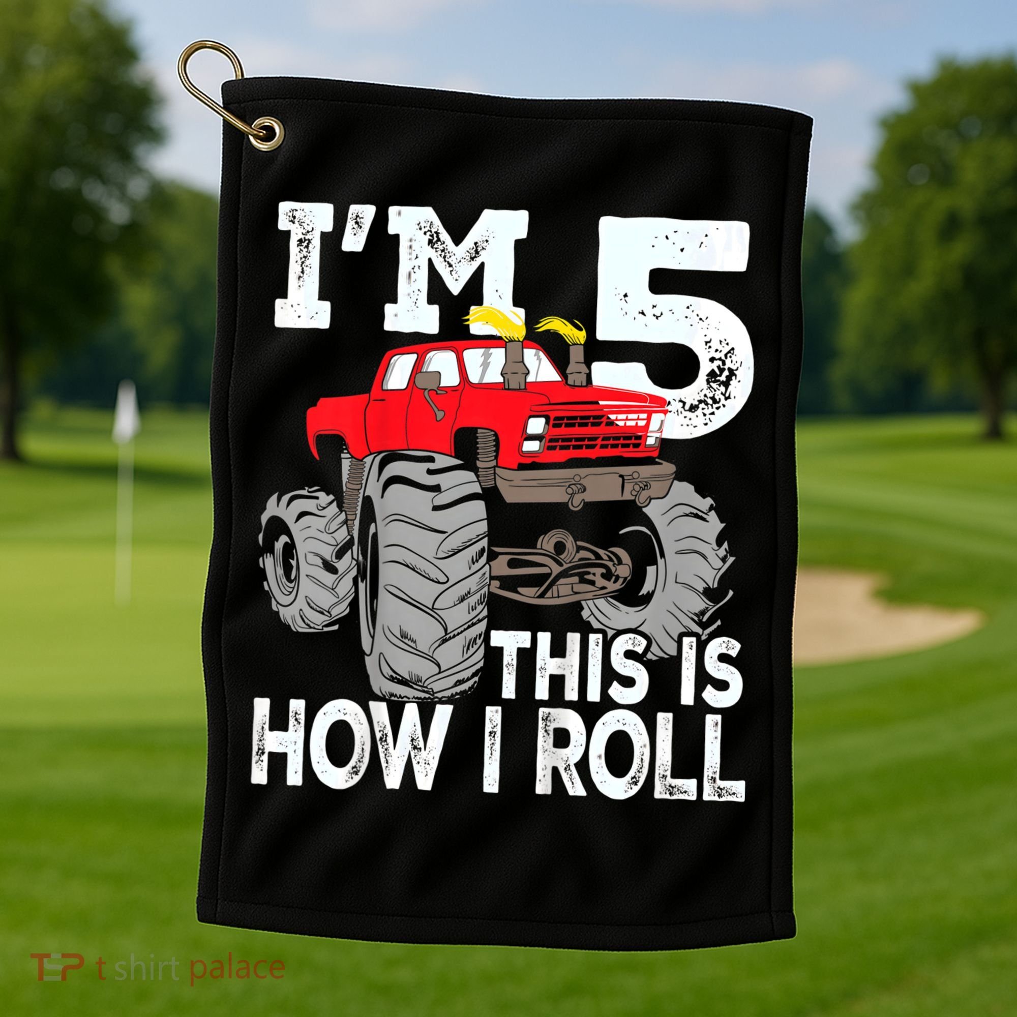 K.i.d.s Monster Trucks 5th Birthday Party Shirt Five Years Golf Towel