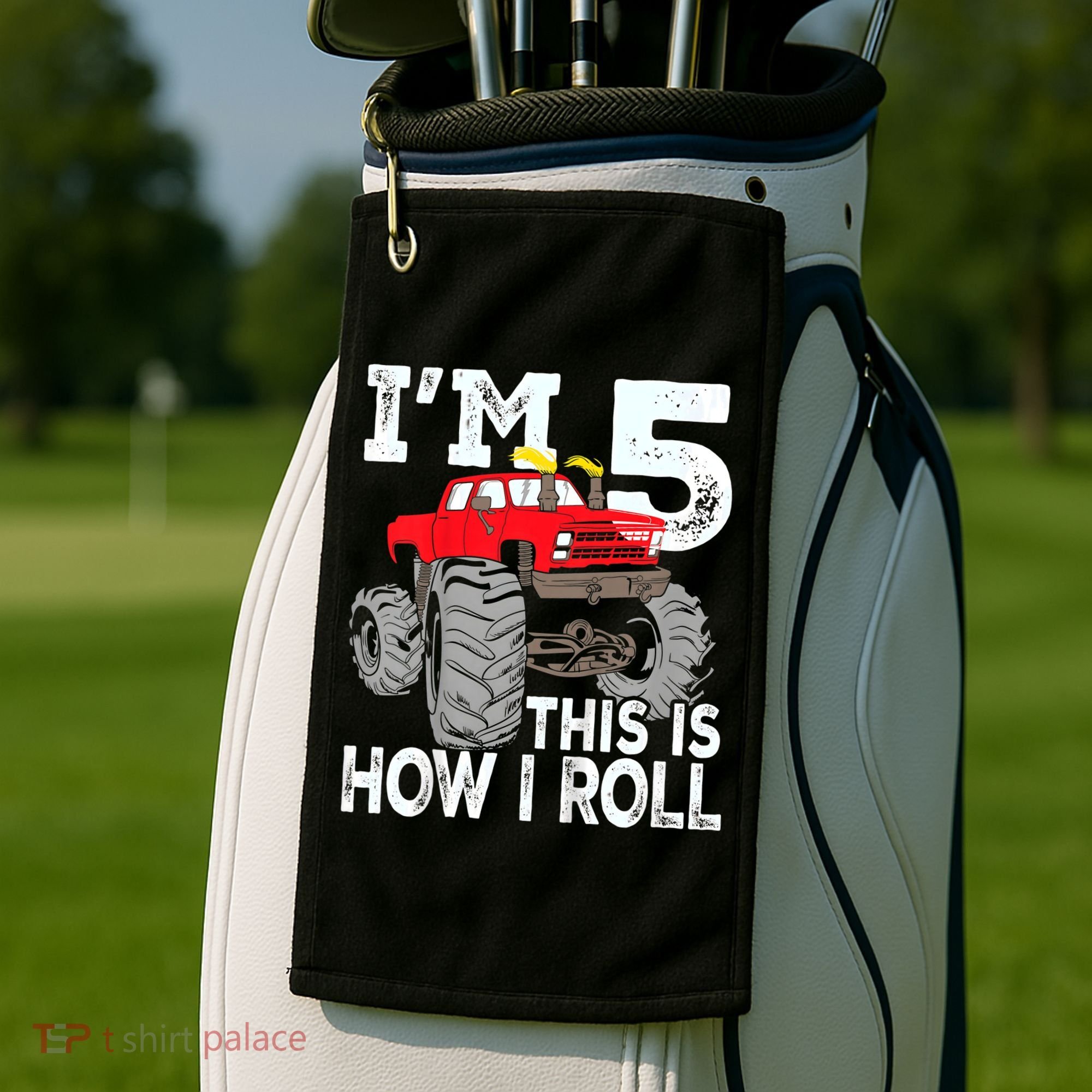 K.i.d.s Monster Trucks 5th Birthday Party Shirt Five Years Golf Towel