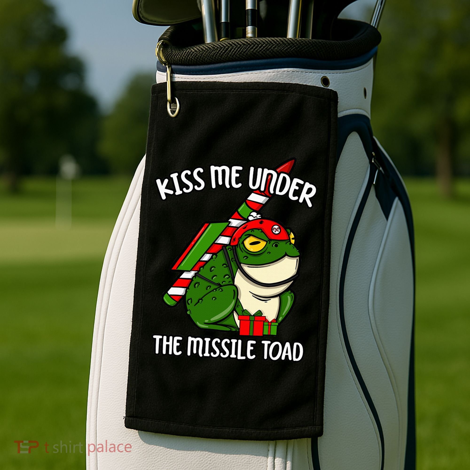 K.iss Me Under The Missile Toad Funny Christmas Holiday Joke Golf Towel