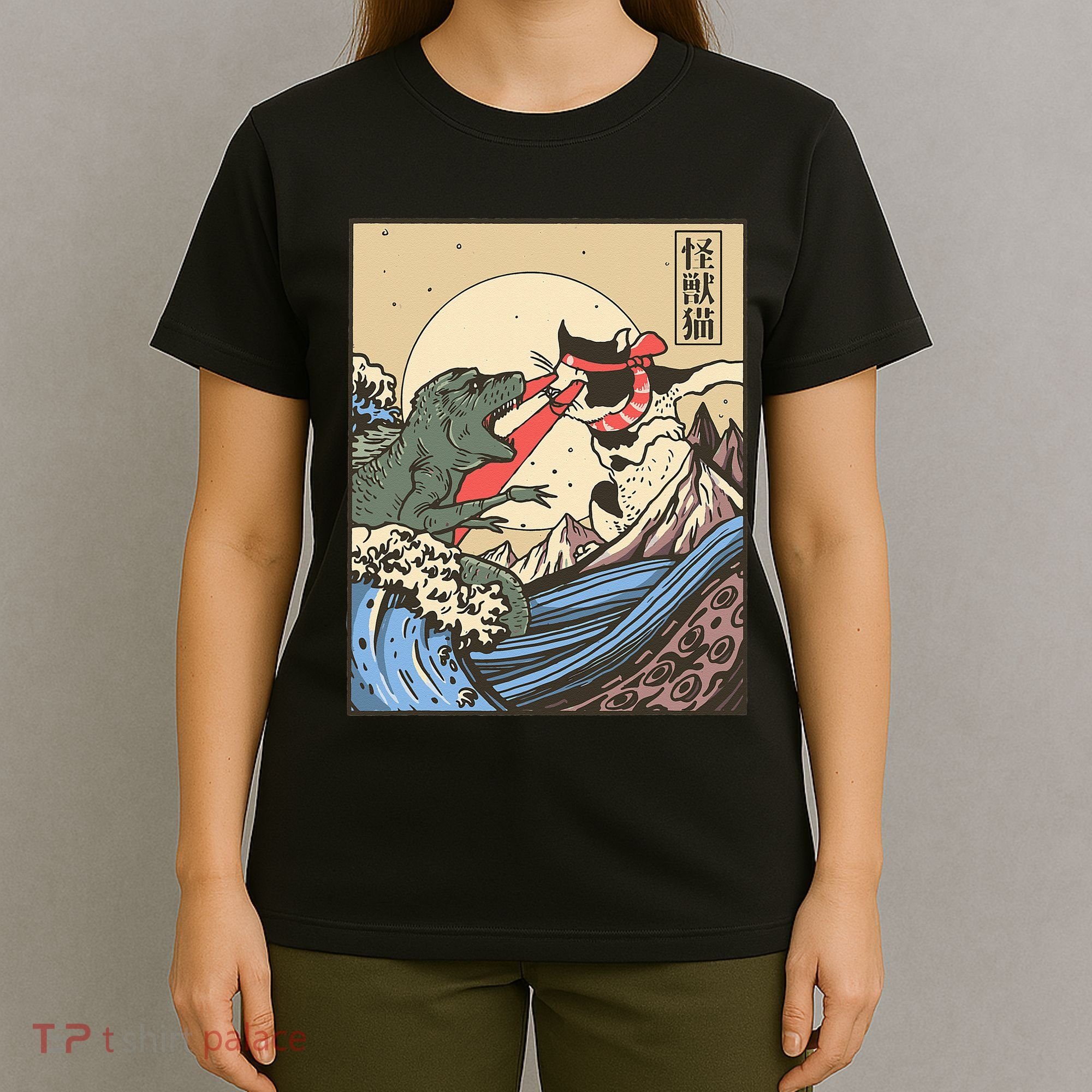 Kaiju Monster Vs Cat Laser Eye Fight Japanese Zilla T-Shirt