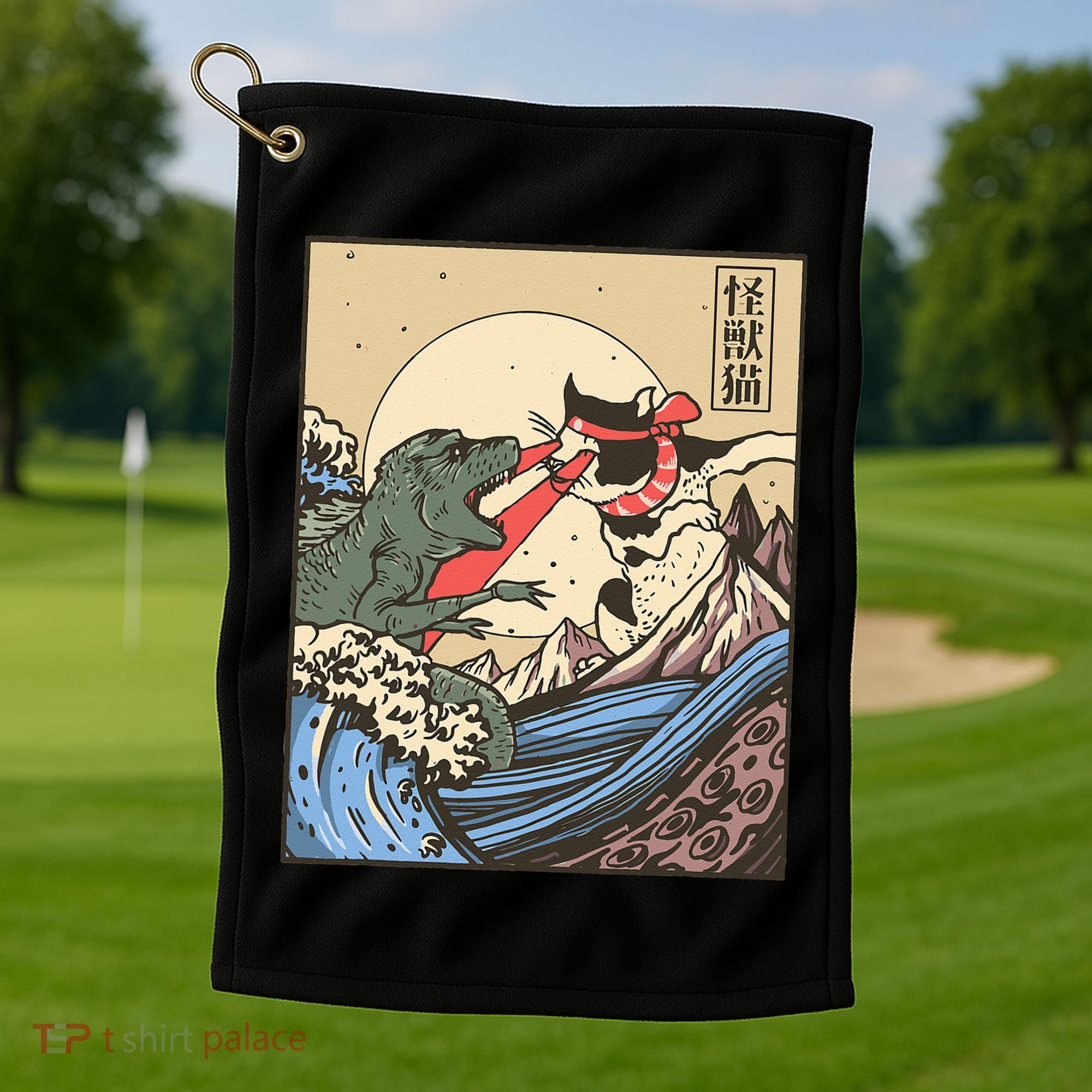 Kaiju Monster Vs Cat Laser Eye Fight Japanese Zilla Golf Towel