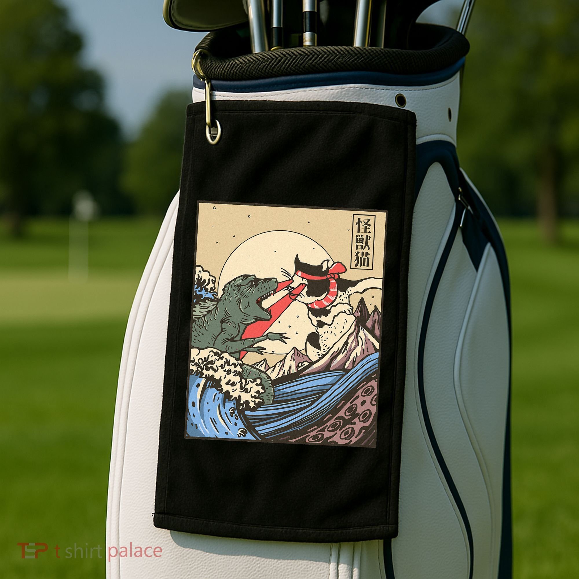 Kaiju Monster Vs Cat Laser Eye Fight Japanese Zilla Golf Towel