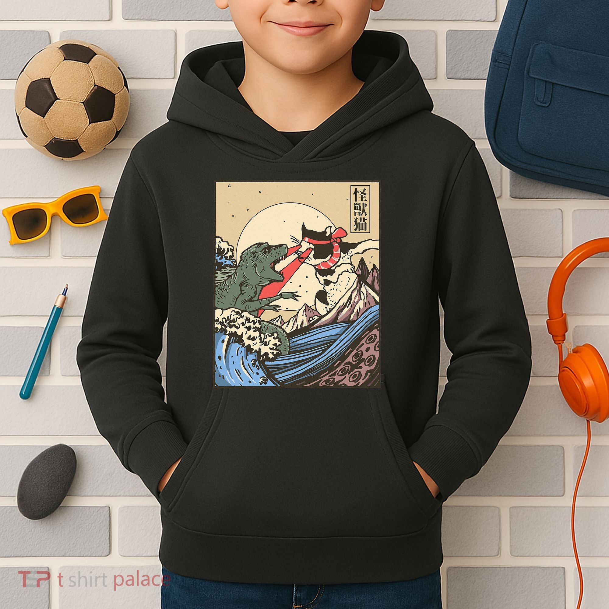 Kaiju Monster Vs Cat Laser Eye Fight Japanese Zilla Kids Hoodie