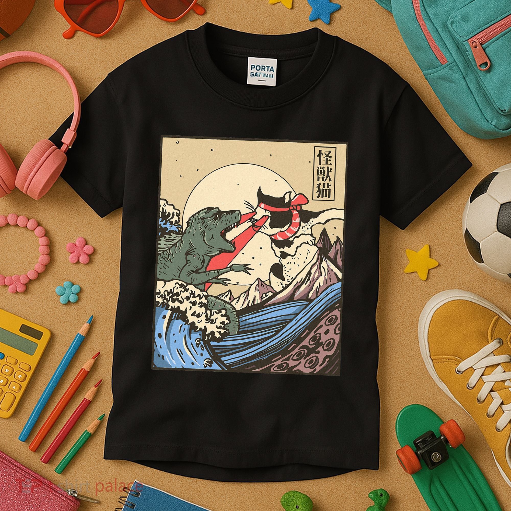 Kaiju Monster Vs Cat Laser Eye Fight Japanese Zilla Kids T-Shirt