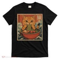 Kawaii Orange Cat Eating Ramen Noodles Japanese T-Shirt thumb 0