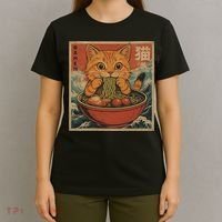 Kawaii Orange Cat Eating Ramen Noodles Japanese T-Shirt thumb 4