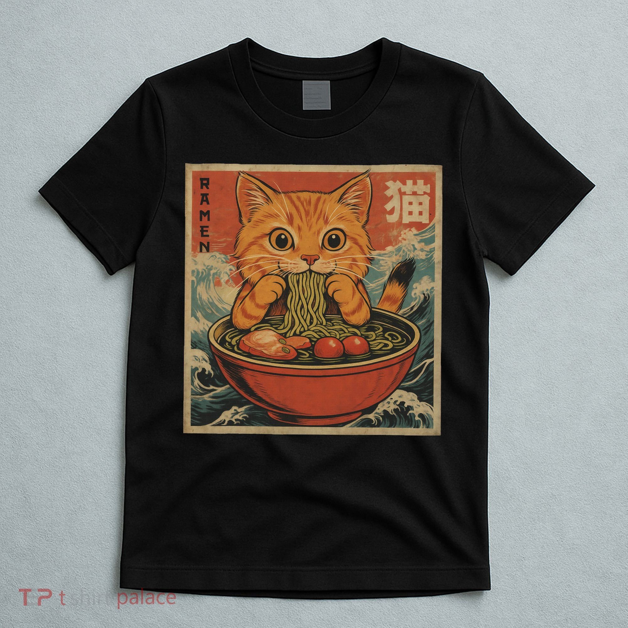 Kawaii Orange Cat Eating Ramen Noodles Japanese T-Shirt