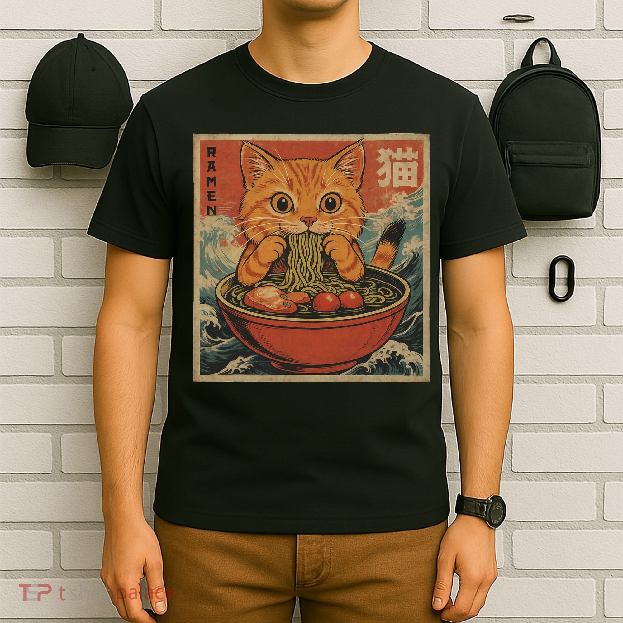 Kawaii Orange Cat Eating Ramen Noodles Japanese T-Shirt