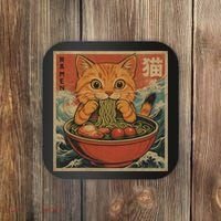 Kawaii Orange Cat Eating Ramen Noodles Japanese Coaster thumb 0