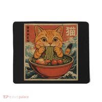 Kawaii Orange Cat Eating Ramen Noodles Japanese Mousepad thumb 0