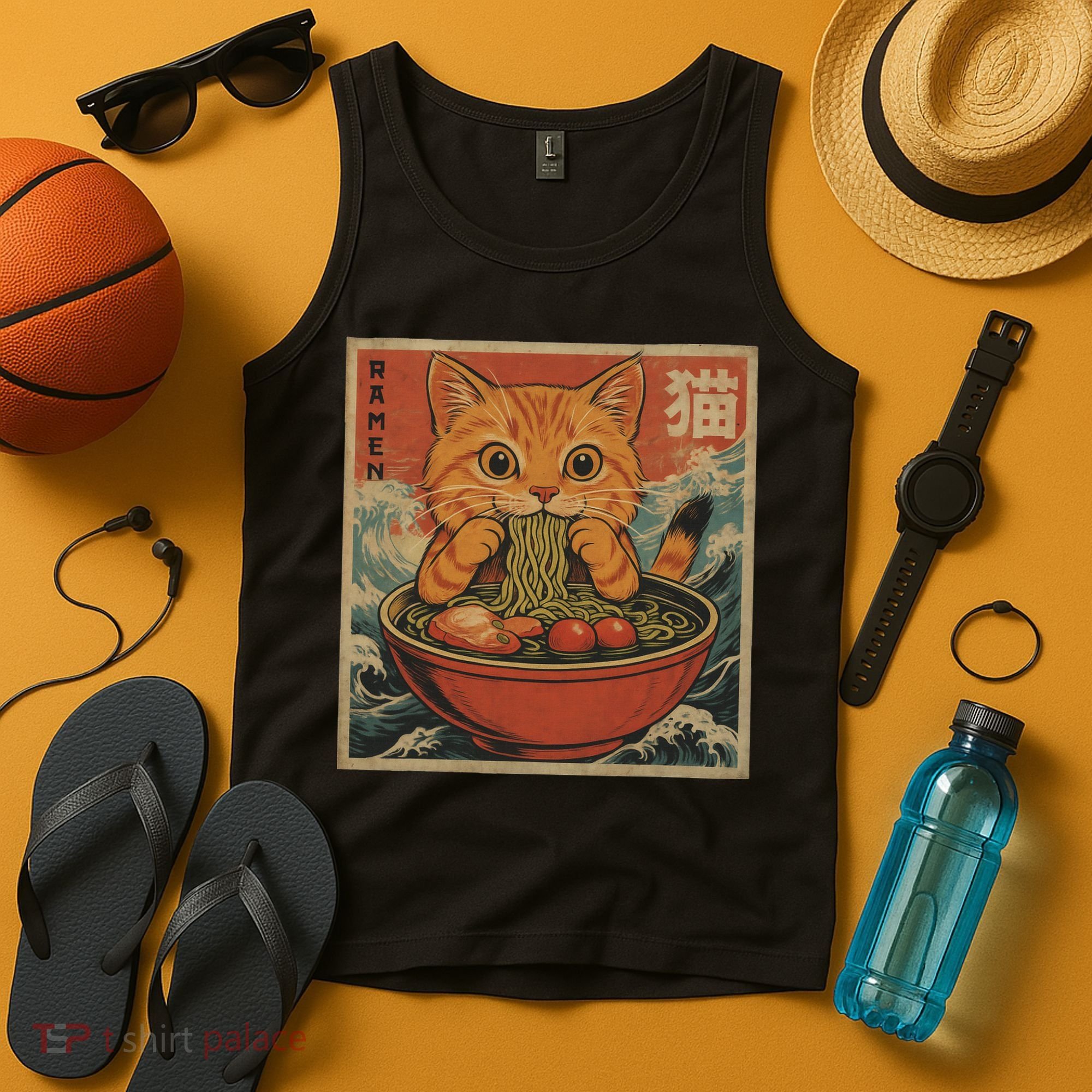 Kawaii Orange Cat Eating Ramen Noodles Japanese Tank Top