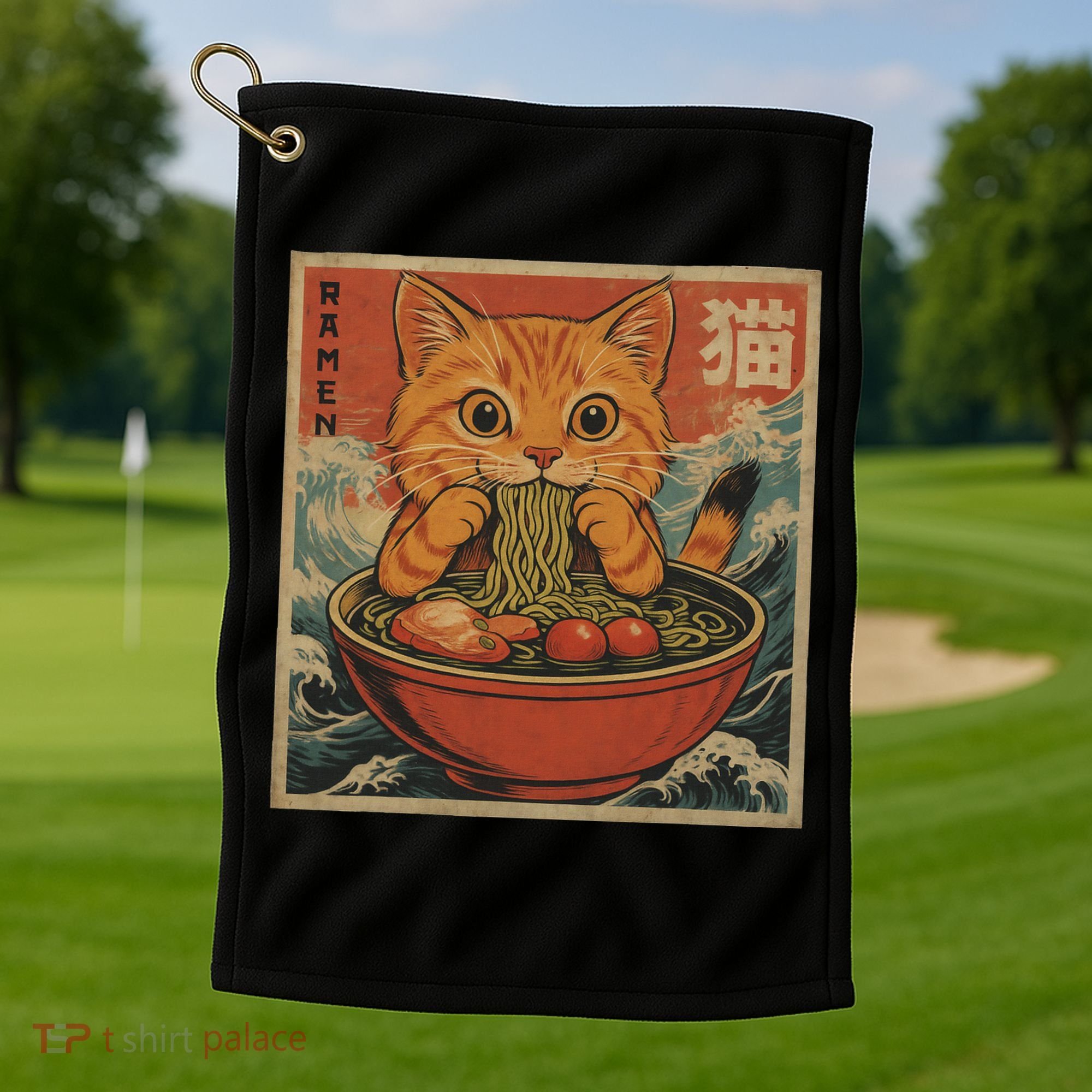 Kawaii Orange Cat Eating Ramen Noodles Japanese Golf Towel