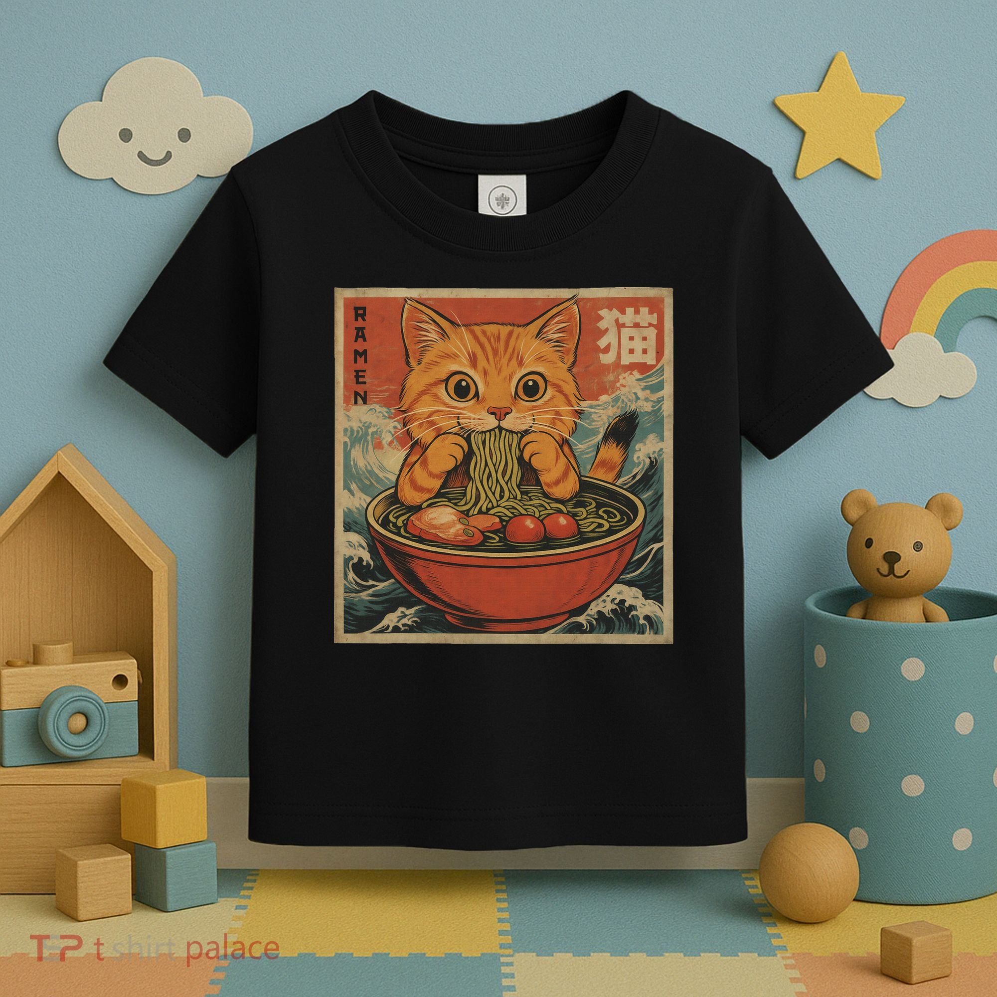 Kawaii Orange Cat Eating Ramen Noodles Japanese Toddler T-Shirt