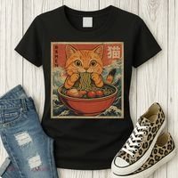 Kawaii Orange Cat Eating Ramen Noodles Japanese Women's T-Shirt thumb 3