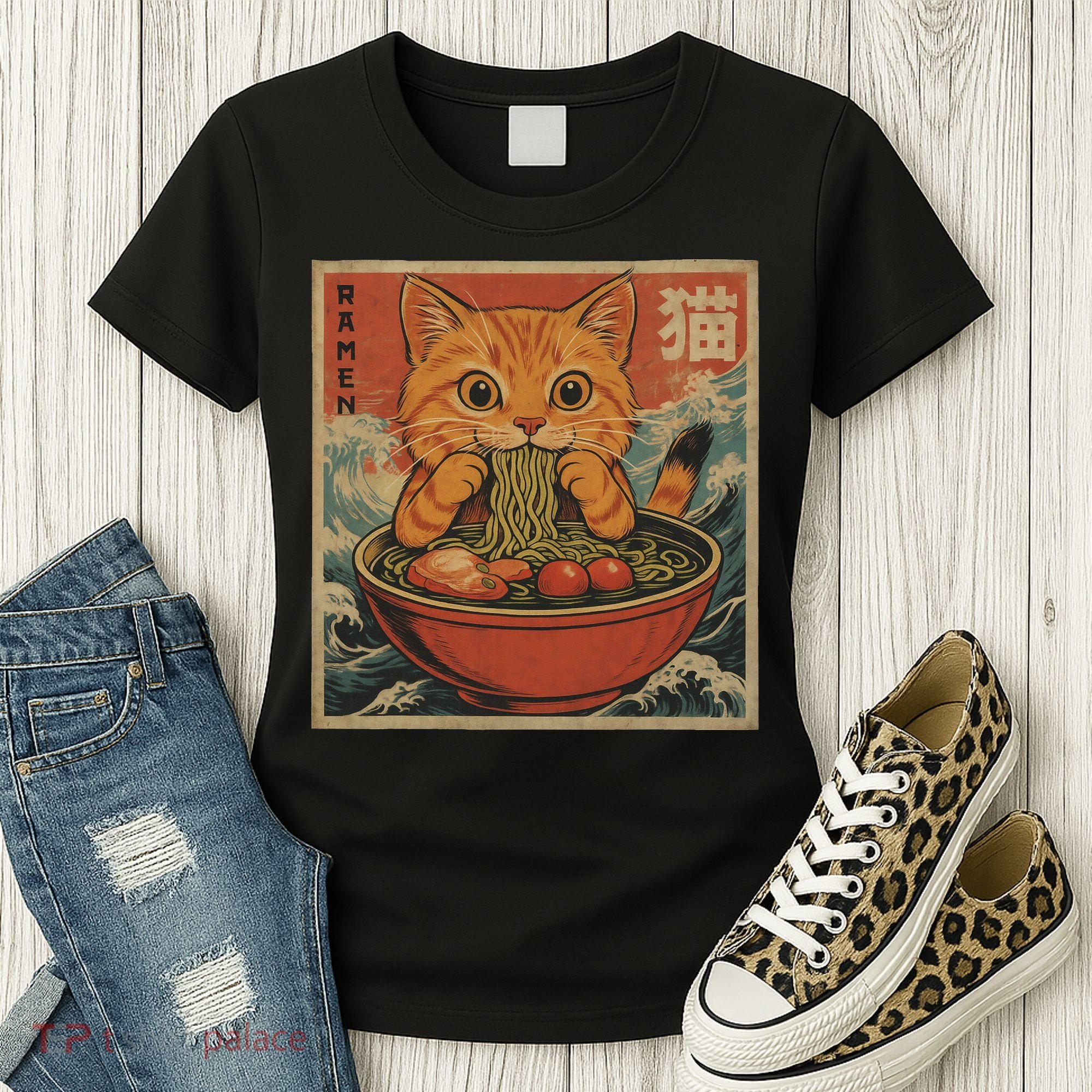 Kawaii Orange Cat Eating Ramen Noodles Japanese Women's T-Shirt