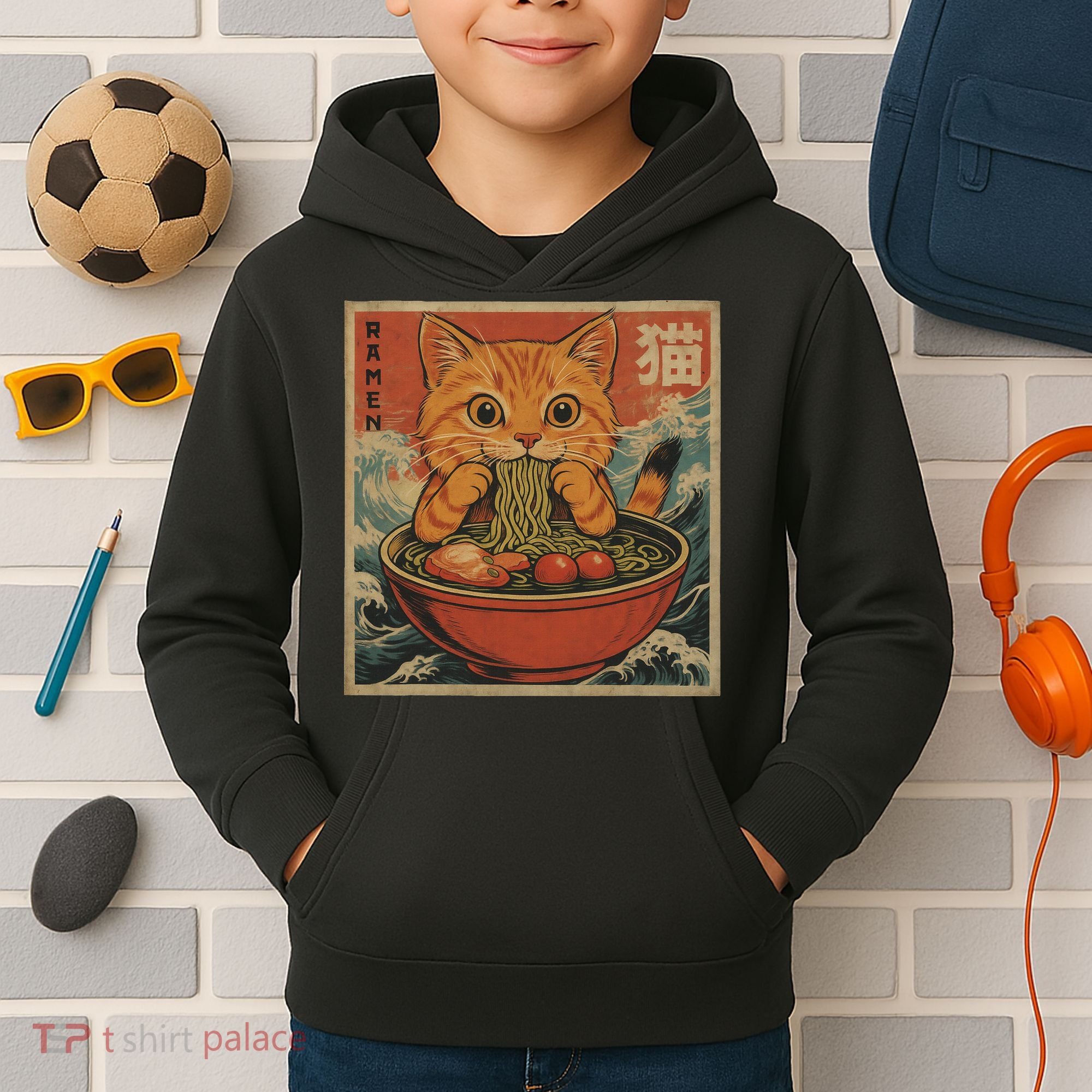 Kawaii Orange Cat Eating Ramen Noodles Japanese Kids Hoodie