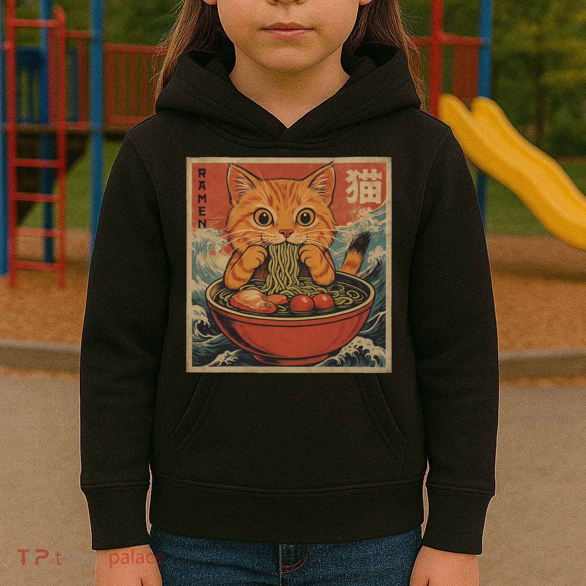 Kawaii Orange Cat Eating Ramen Noodles Japanese Kids Hoodie