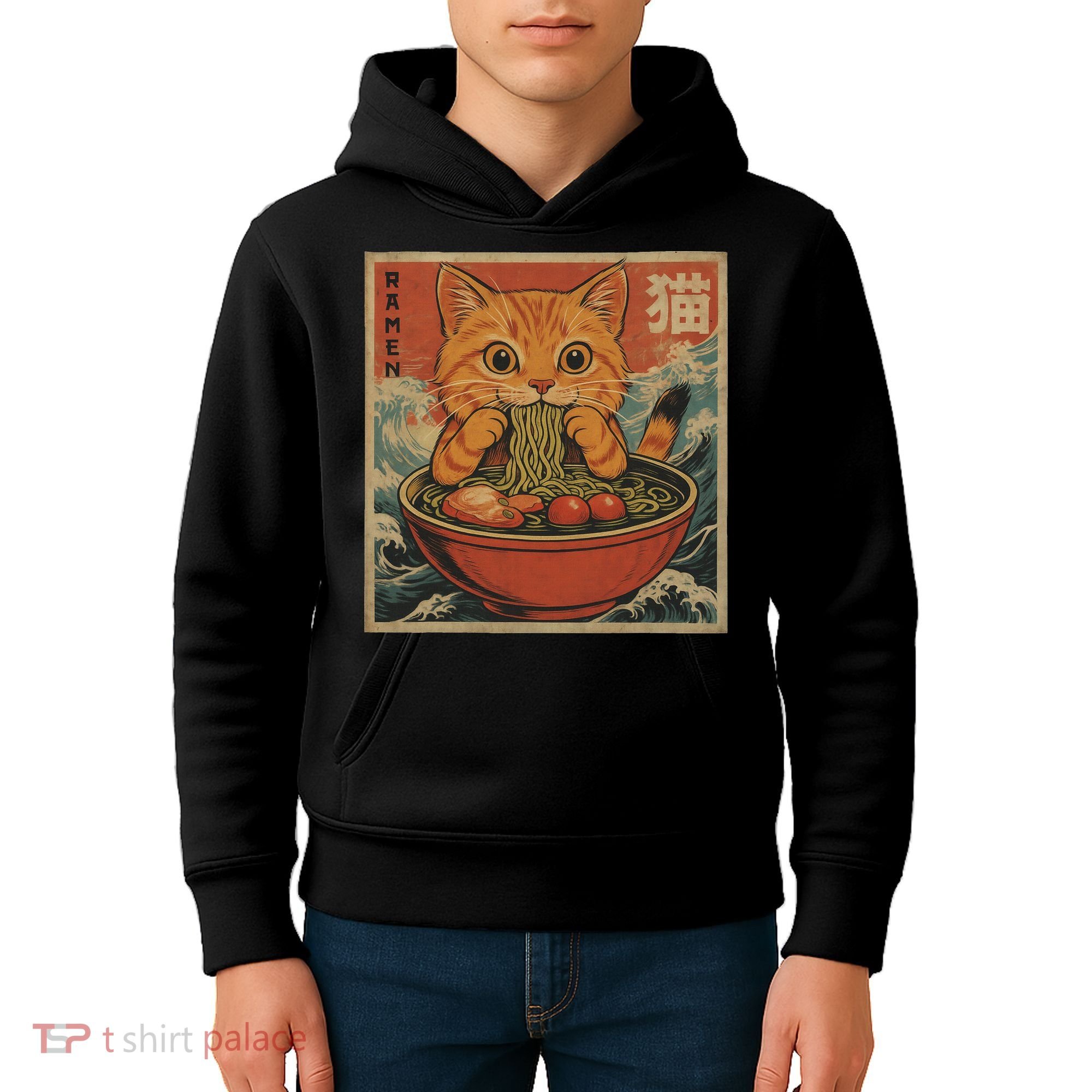 Kawaii Orange Cat Eating Ramen Noodles Japanese Kids Hoodie
