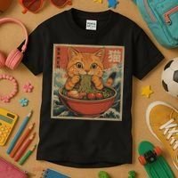 Kawaii Orange Cat Eating Ramen Noodles Japanese Kids T-Shirt thumb 3