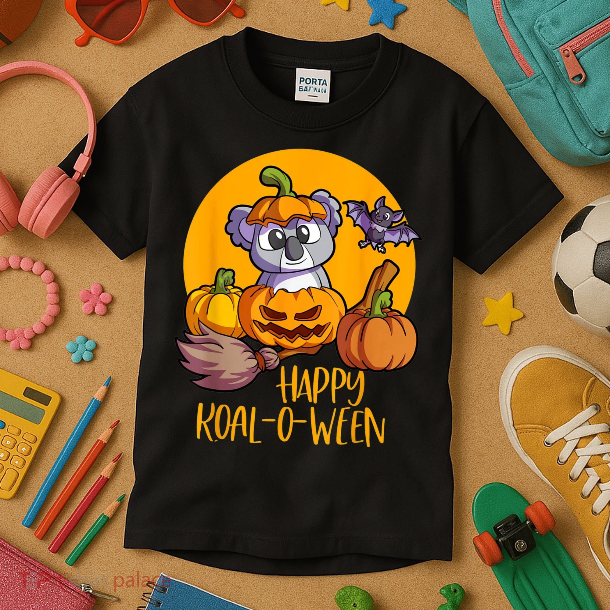Koala On Pumpkin Witch Hat Pumpkin Face Halloween Koala Kids T-Shirt