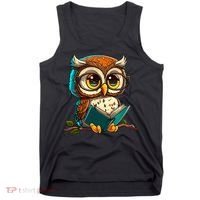 Kawaii Owl Reads Book Reading Bookworm Library Book Tank Top thumb 0