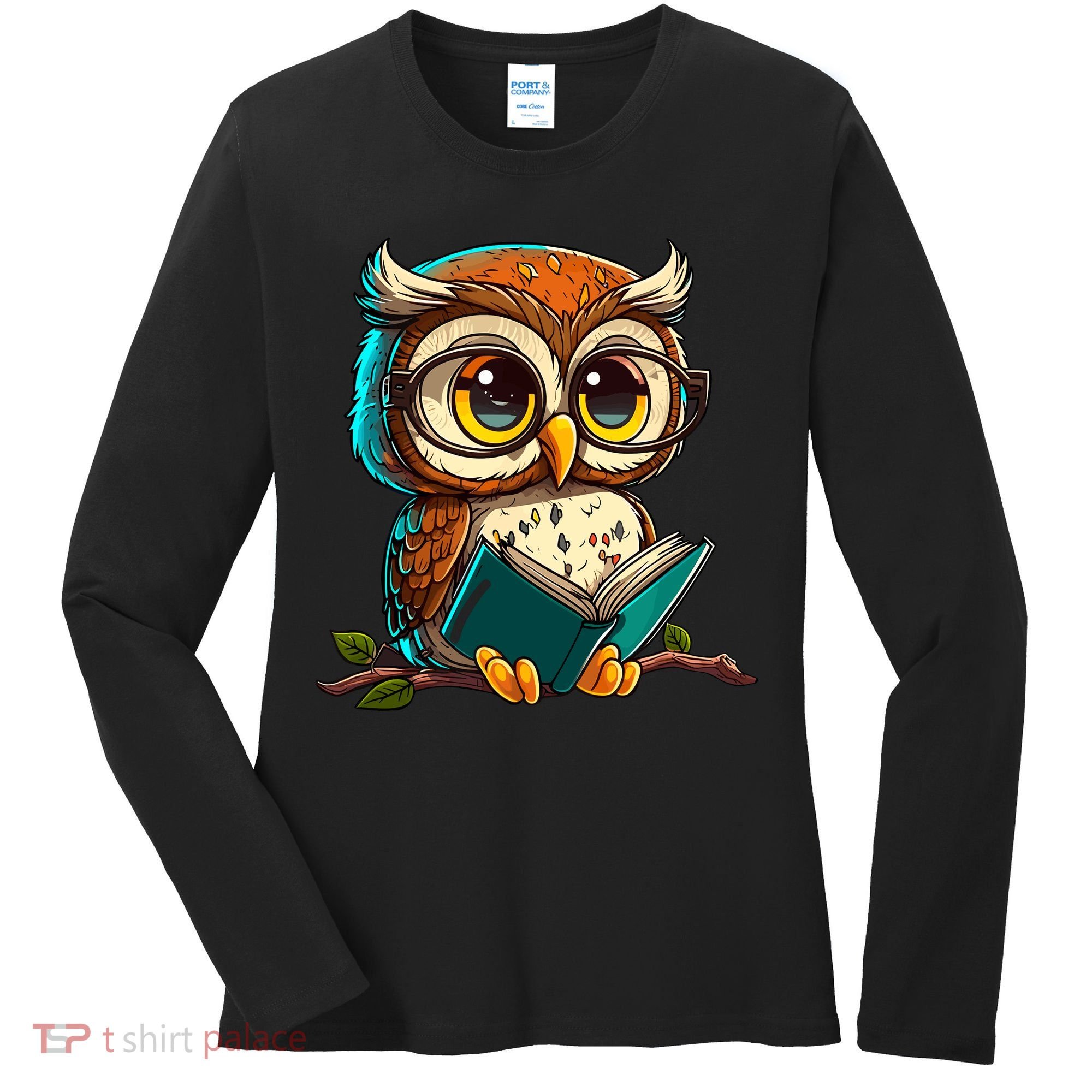 Kawaii Owl Reads Book Reading Bookworm Library Book Women's Long Sleeve Shirt