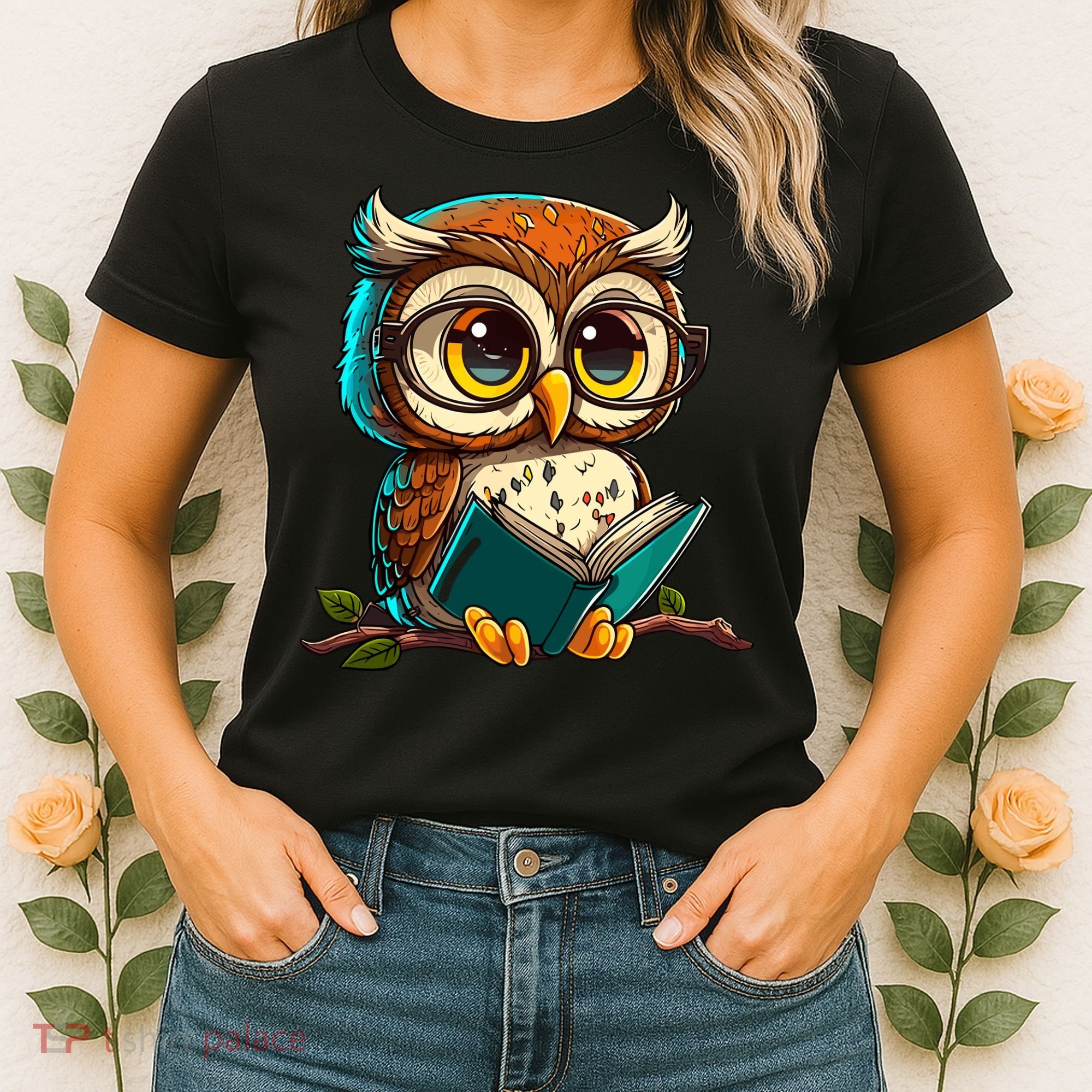 Kawaii Owl Reads Book Reading Bookworm Library Book Women's T-Shirt