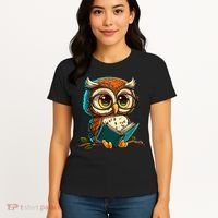 Kawaii Owl Reads Book Reading Bookworm Library Book Women's T-Shirt thumb 4