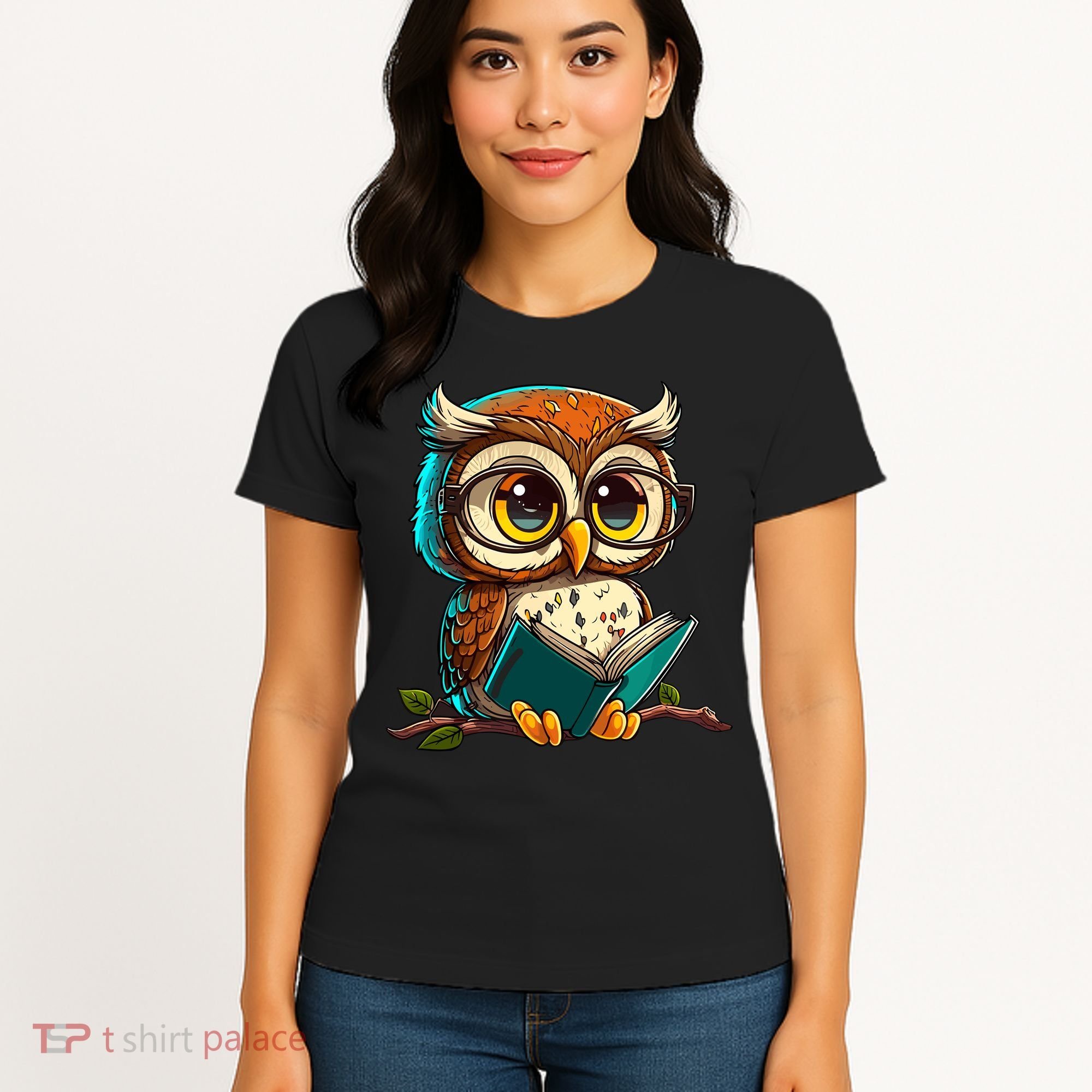 Kawaii Owl Reads Book Reading Bookworm Library Book Women's T-Shirt