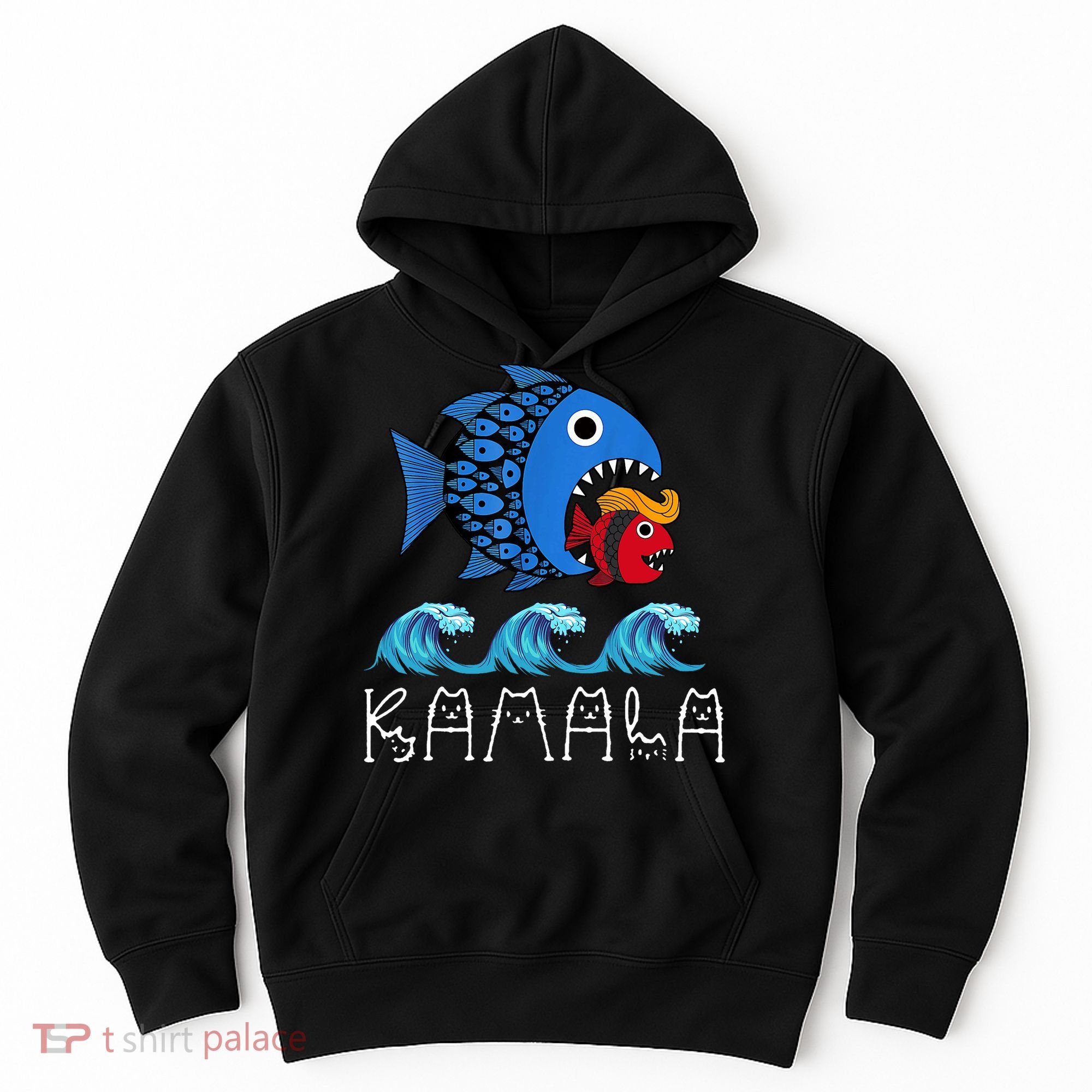 Kamala Over Trump Blue Wave Big Fish Eats Small Fish Hoodie