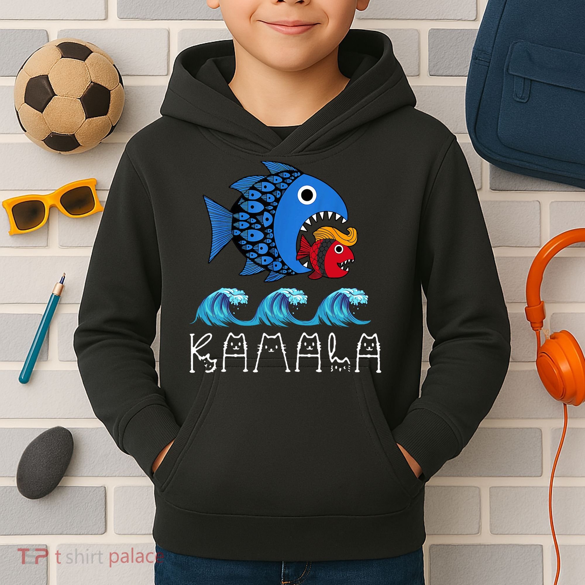 Kamala Over Trump Blue Wave Big Fish Eats Small Fish Kids Hoodie