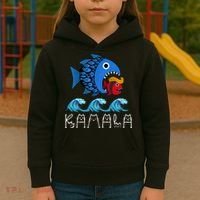 Kamala Over Trump Blue Wave Big Fish Eats Small Fish Kids Hoodie thumb 3