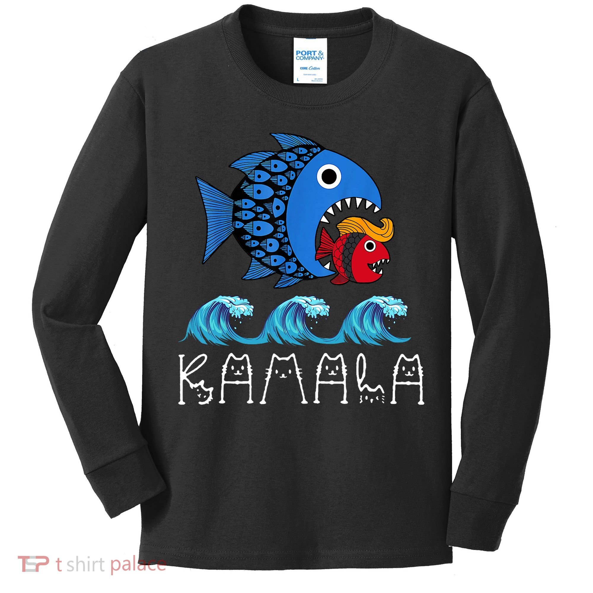 Kamala Over Trump Blue Wave Big Fish Eats Small Fish Kids Long Sleeve Shirt