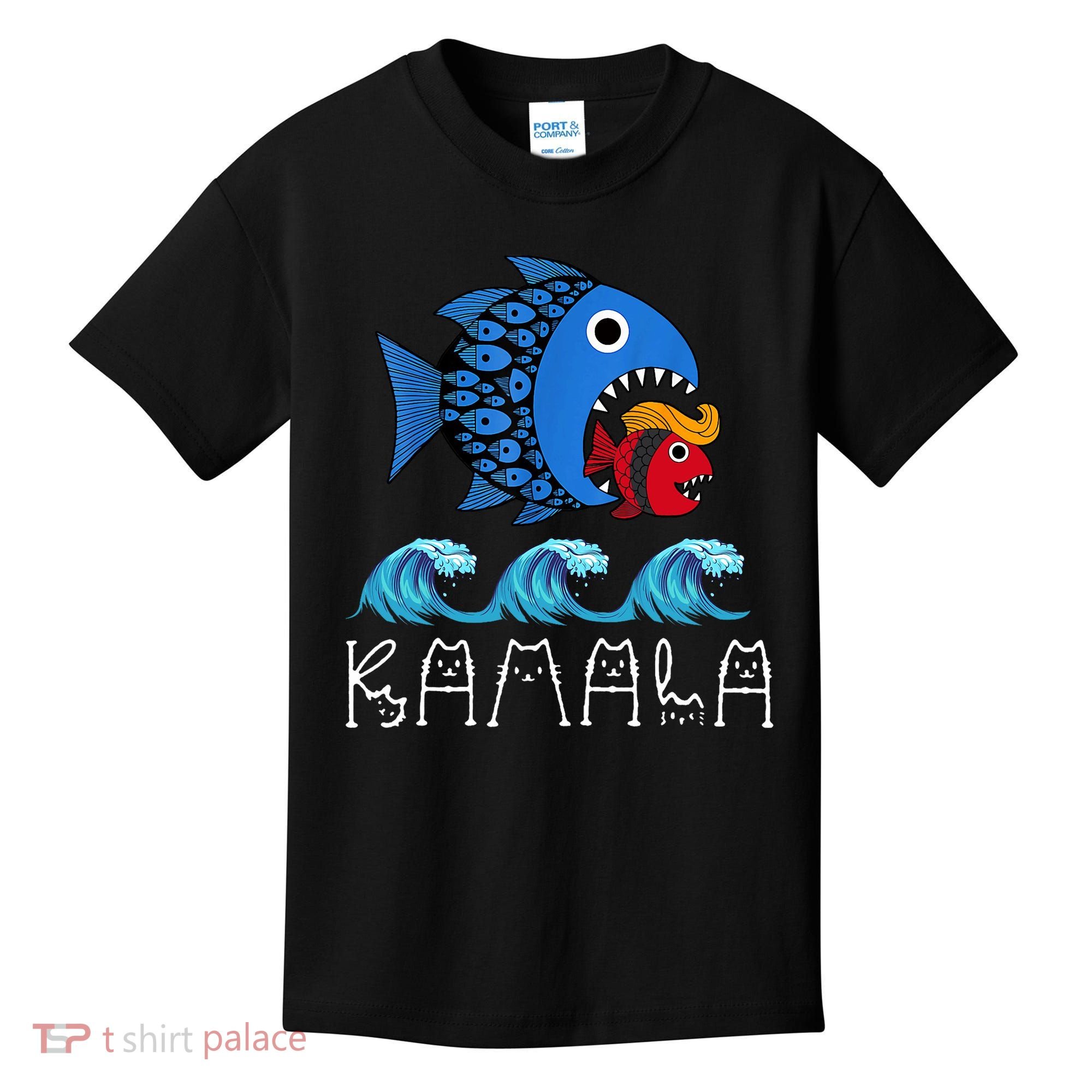 Kamala Over Trump Blue Wave Big Fish Eats Small Fish Kids T-Shirt