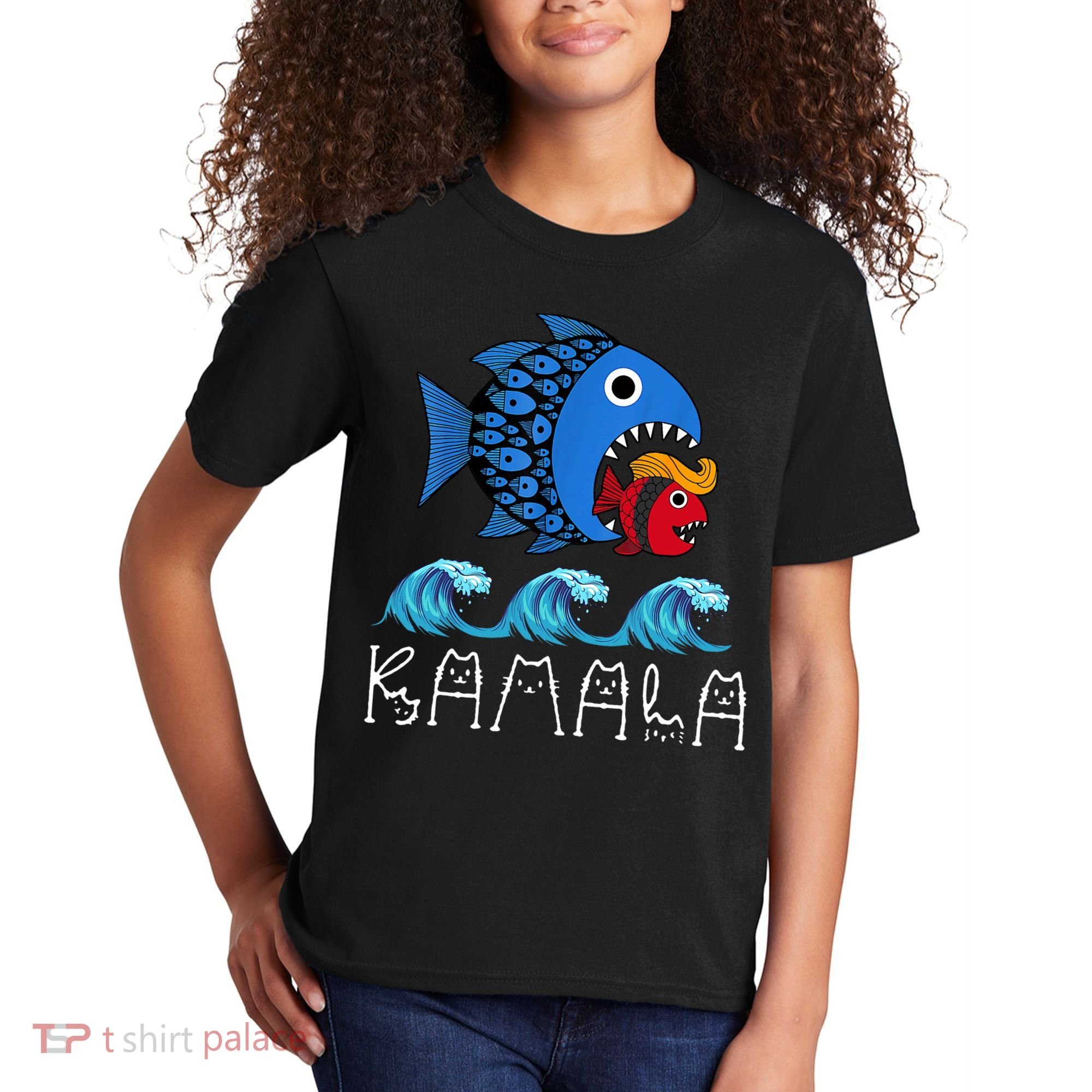 Kamala Over Trump Blue Wave Big Fish Eats Small Fish Kids T-Shirt