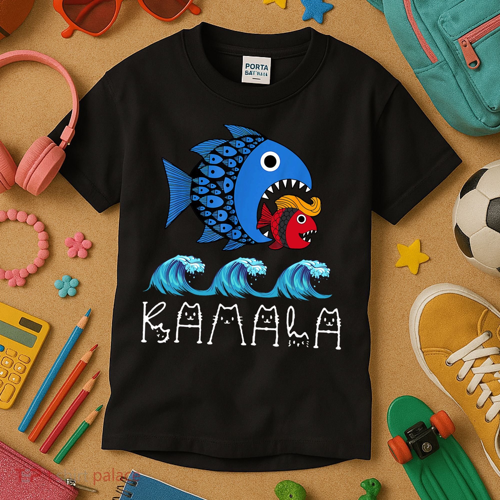 Kamala Over Trump Blue Wave Big Fish Eats Small Fish Kids T-Shirt