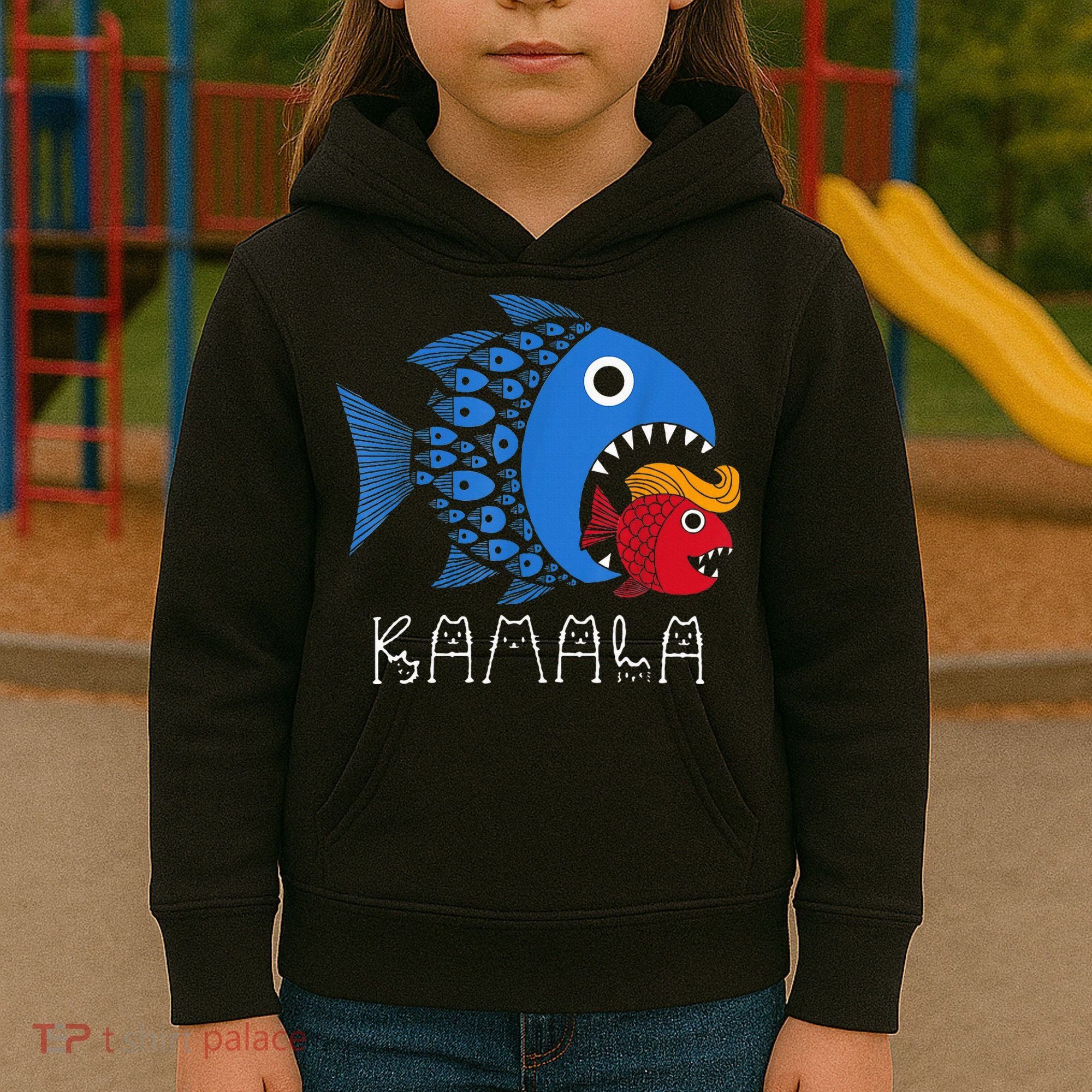 Kamala Over Trump Blue Wave Big Fish Eats Small Fish Kids Hoodie