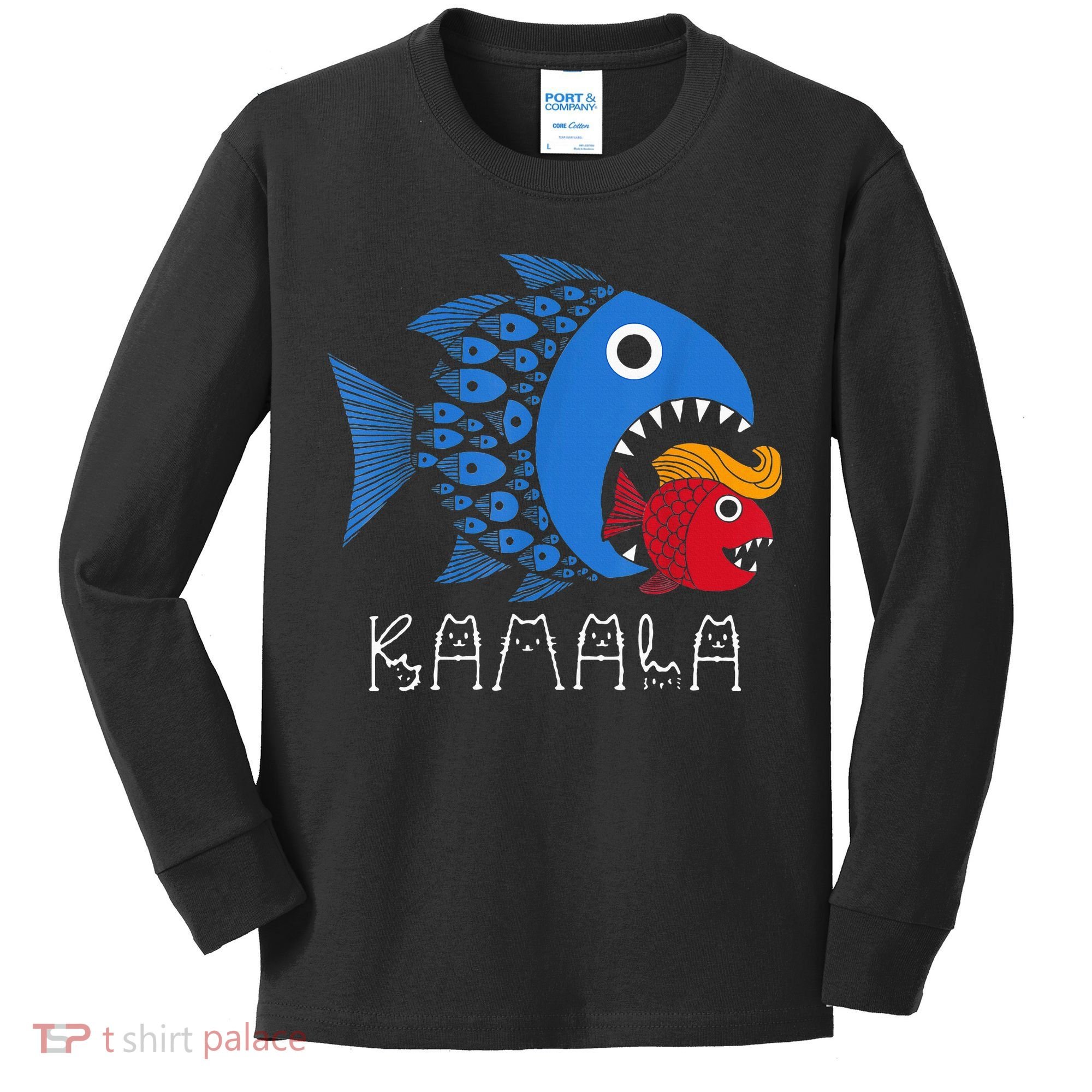 Kamala Over Trump Blue Wave Big Fish Eats Small Fish Kids Long Sleeve Shirt