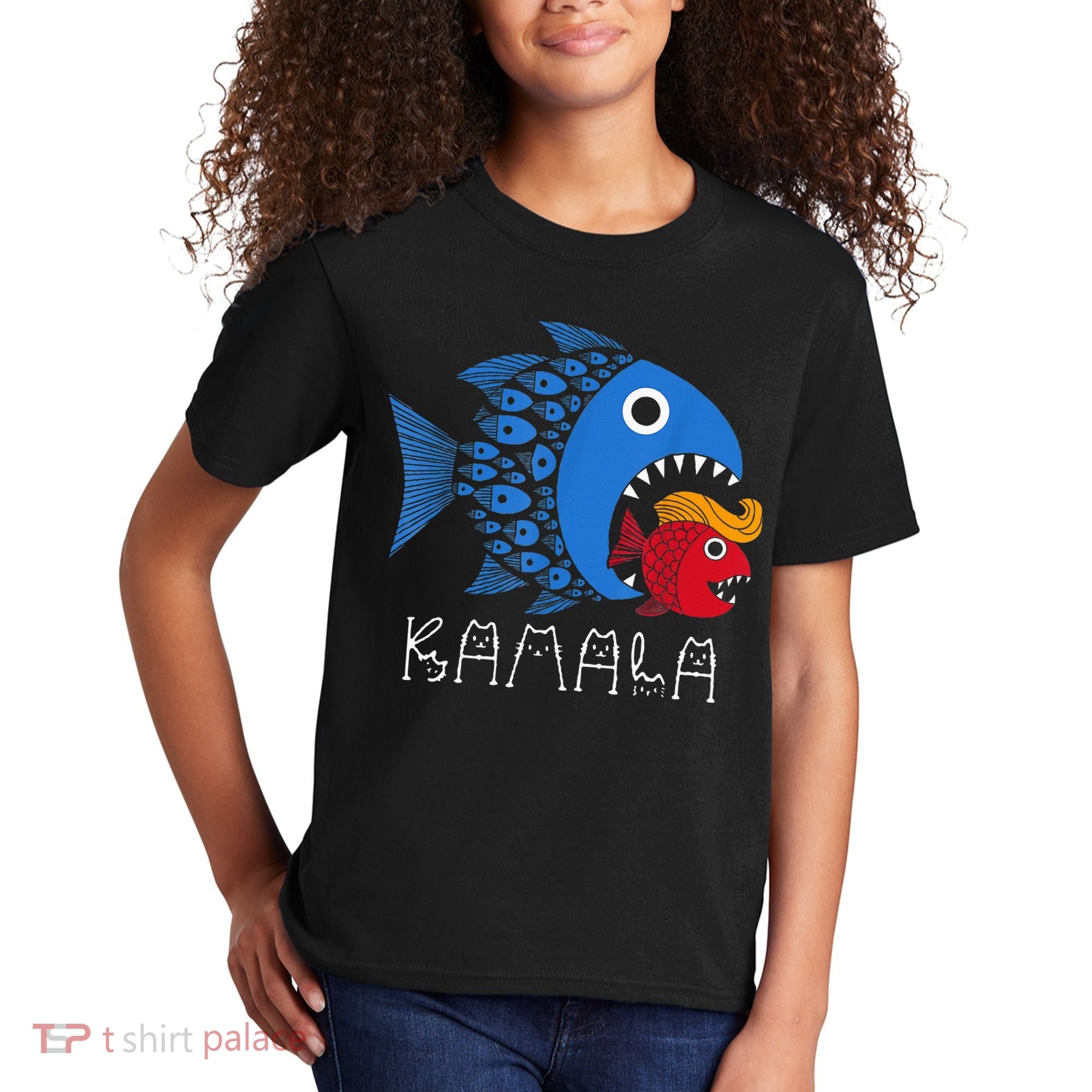 Kamala Over Trump Blue Wave Big Fish Eats Small Fish Kids T-Shirt
