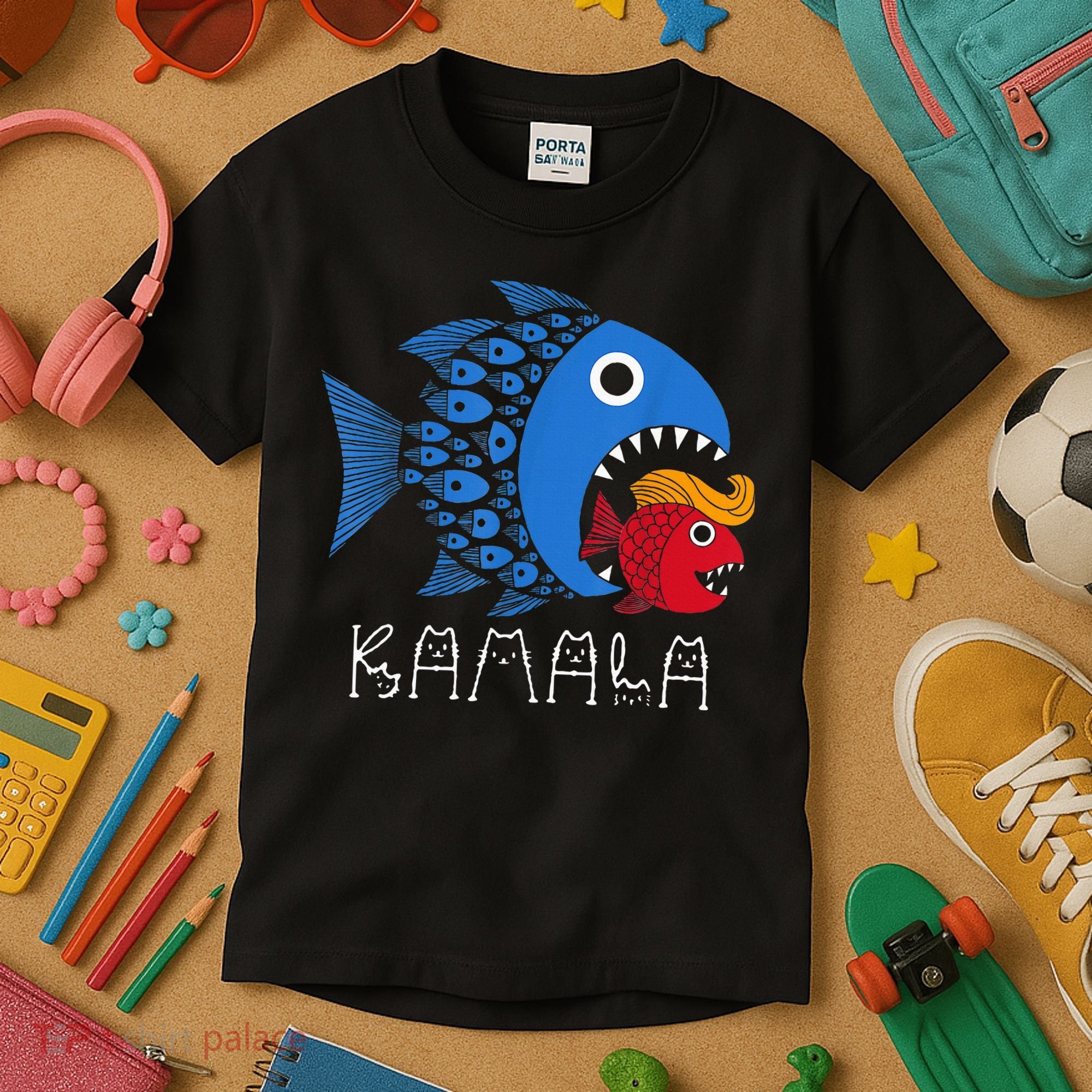 Kamala Over Trump Blue Wave Big Fish Eats Small Fish Kids T-Shirt