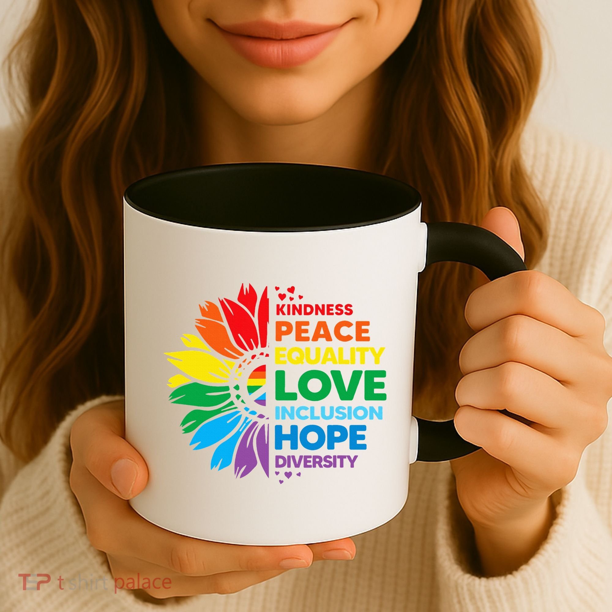 Kindness Peace Equality Love Inclusion Hope Diversity Flower Coffee Mug