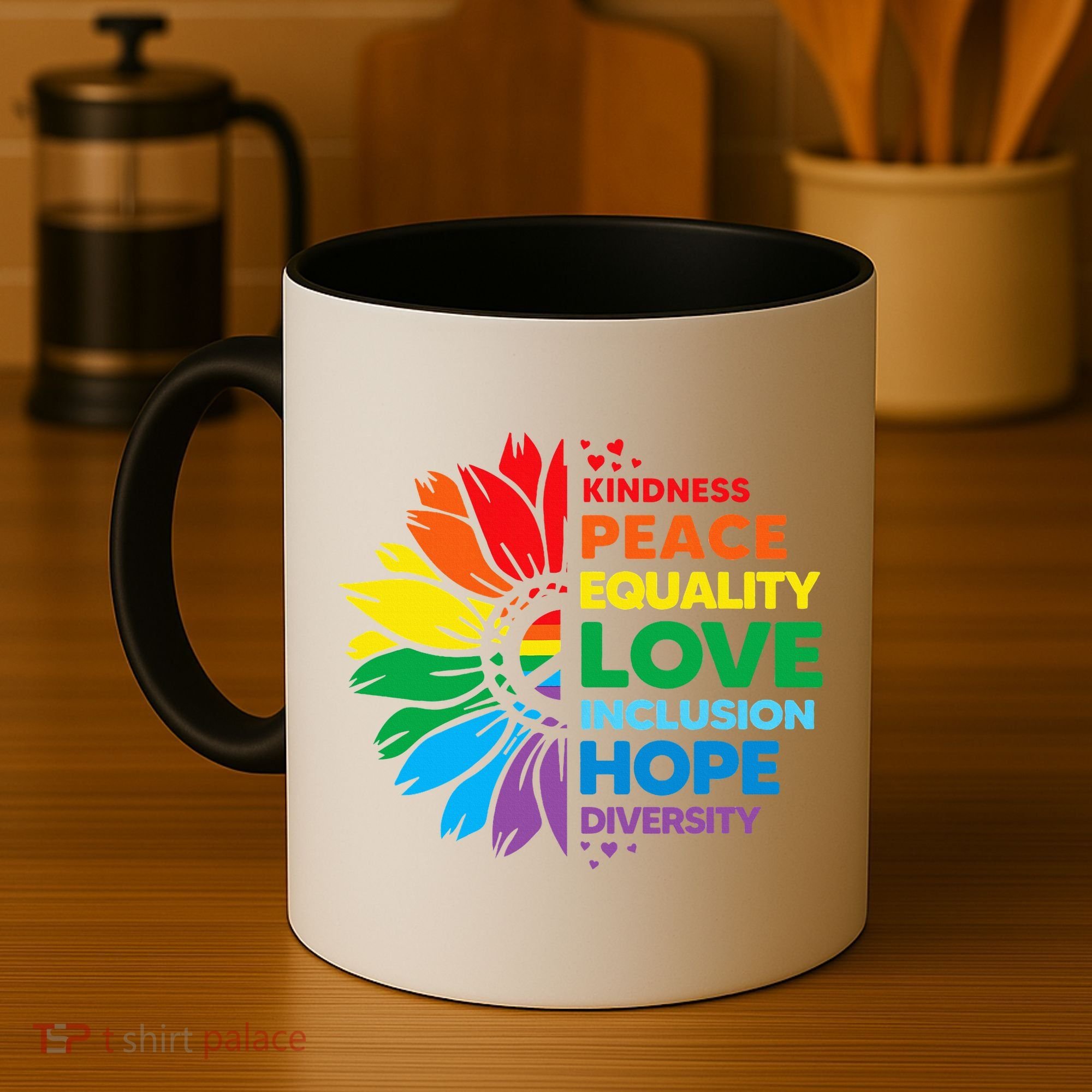 Kindness Peace Equality Love Inclusion Hope Diversity Flower Coffee Mug