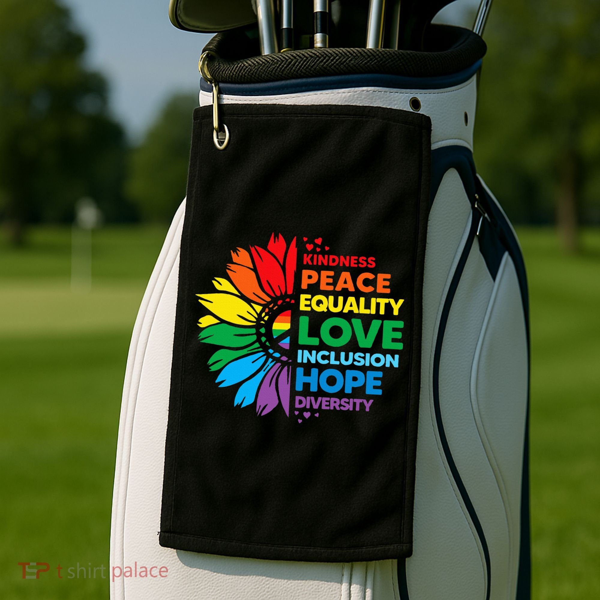 Kindness Peace Equality Love Inclusion Hope Diversity Flower Golf Towel