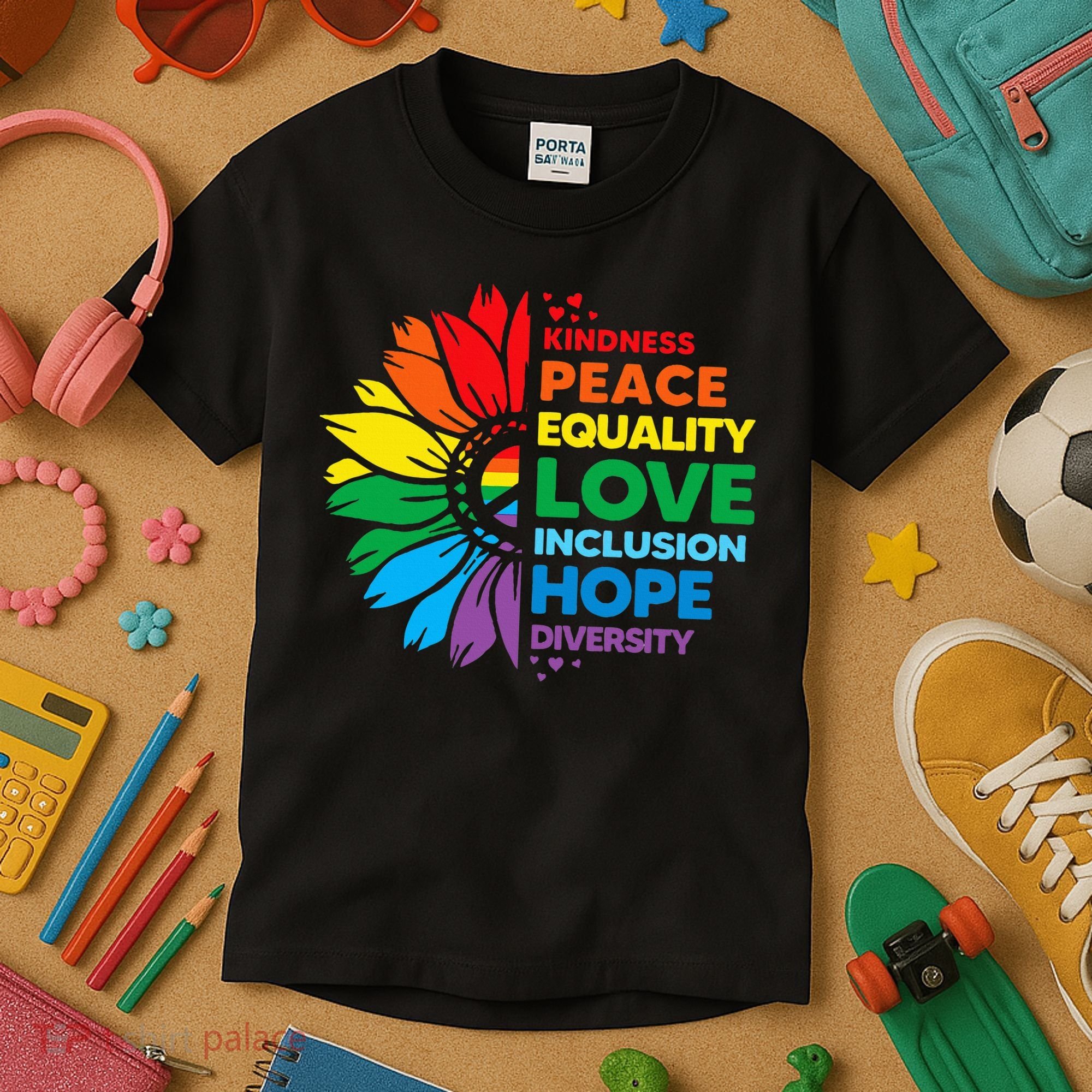 Kindness Peace Equality Love Inclusion Hope Diversity Flower Kids T-Shirt