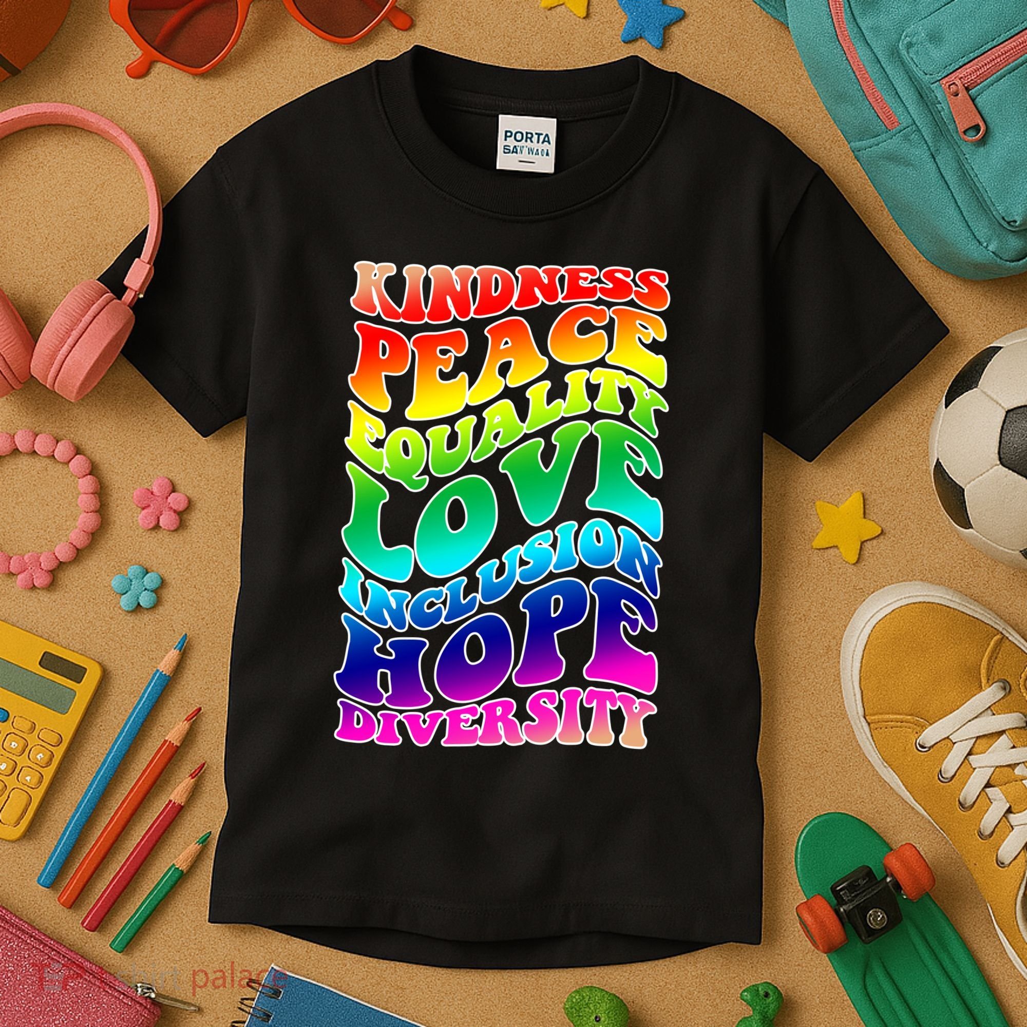 Kindness Peace Equality Love Inclusion Hope Diversity Kids T-Shirt